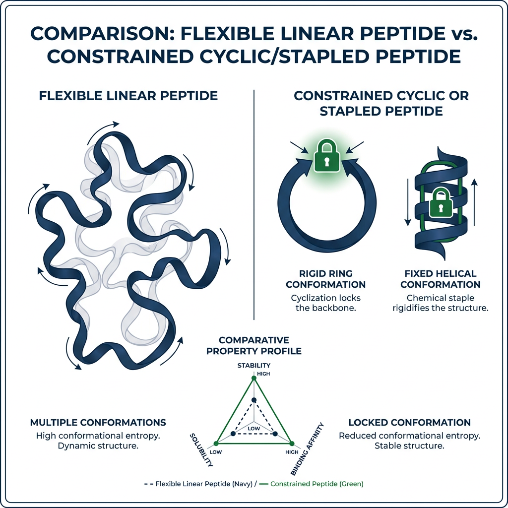 Comparison chart of flexible versus constrained peptide conformations with stability metrics.