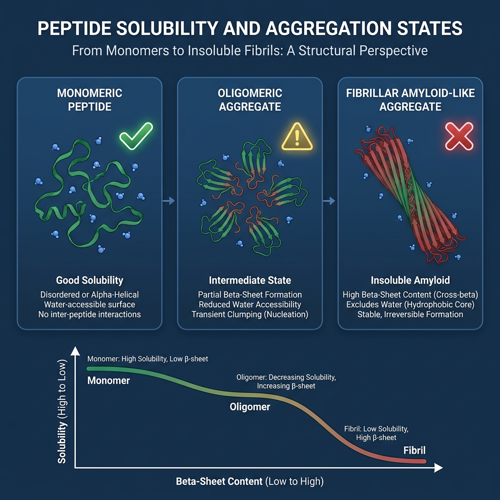 Infographic showing peptide aggregation states and solubility trends based on structure.