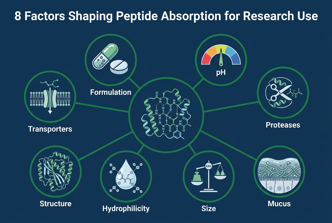 Infographic showing eight factors that shape peptide absorption in research use