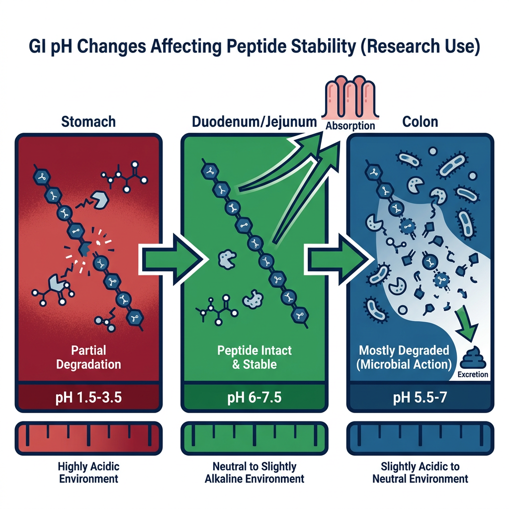 Step diagram showing gastrointestinal pH changes and peptide stability across stomach, intestine, and colon