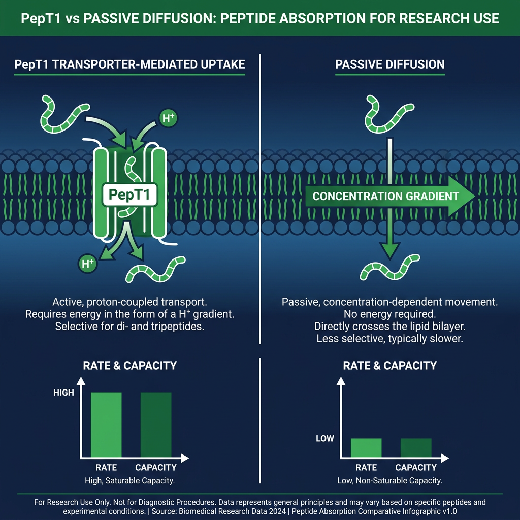 Comparison diagram of PepT1 transporter-mediated versus passive diffusion peptide absorption routes