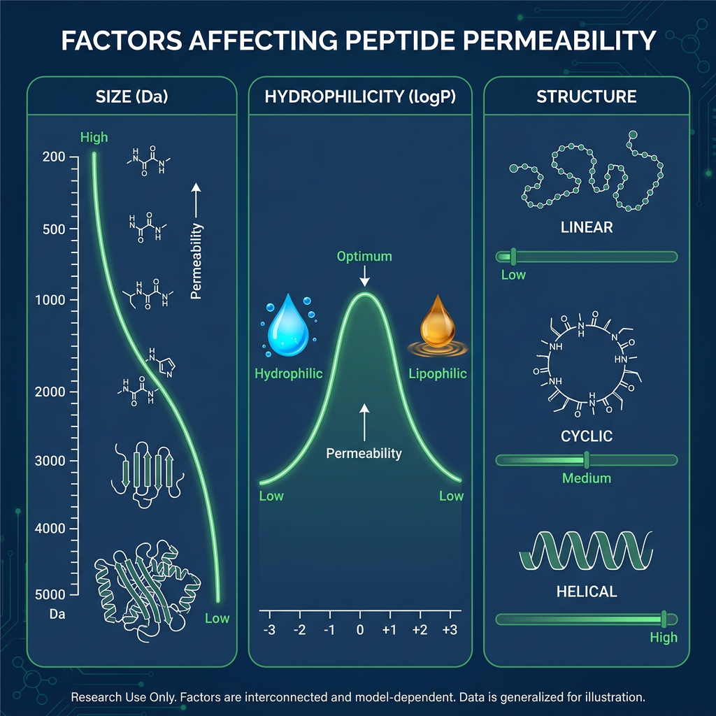 Infographic showing impact of peptide size, hydrophilicity, and structure on membrane permeability