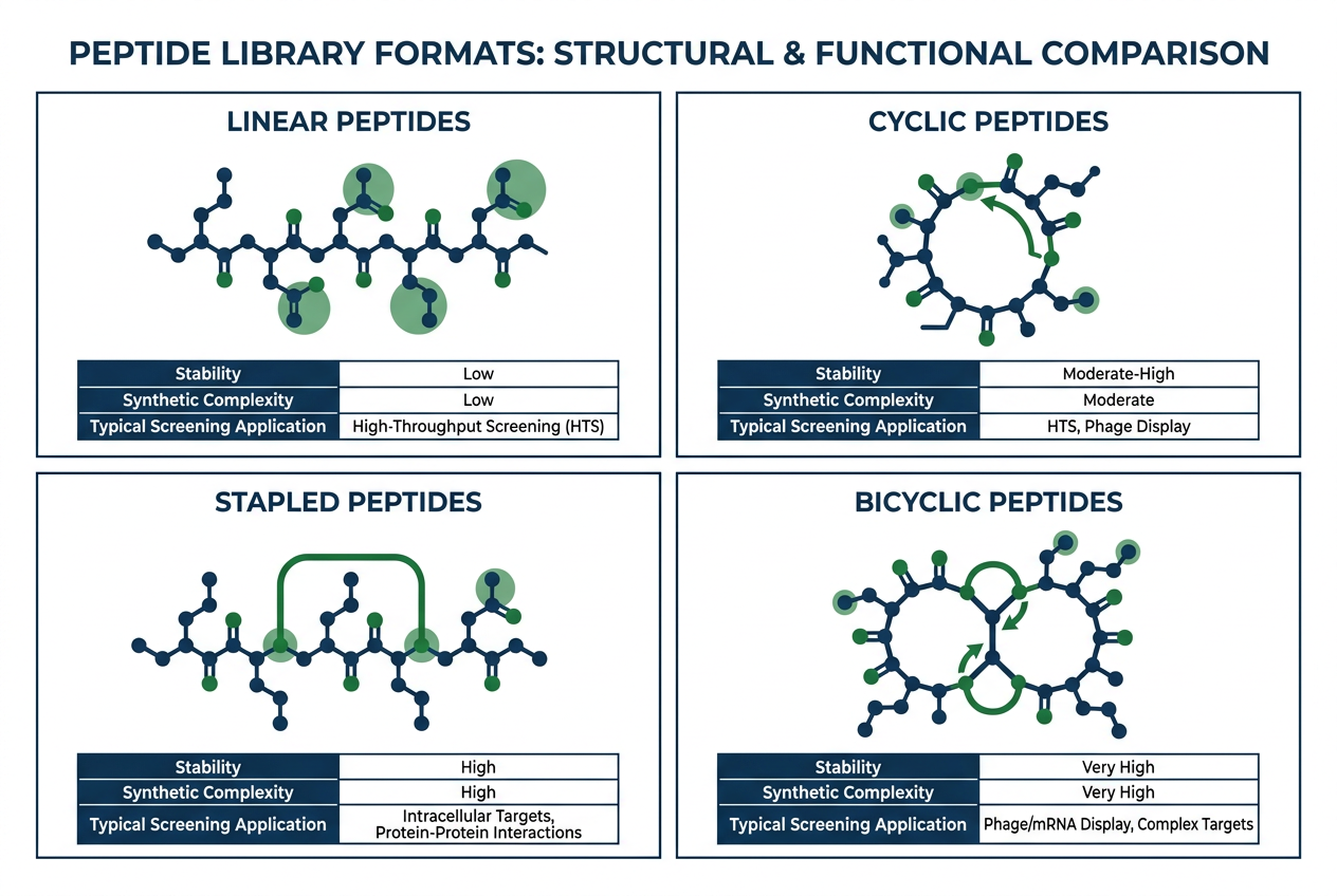 Comparison chart of peptide libraries formats including linear, cyclic, stapled, and bicyclic peptides