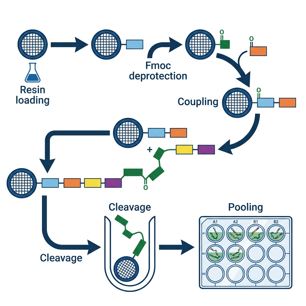 Diagram of solid-phase peptide synthesis steps for generating a peptide library