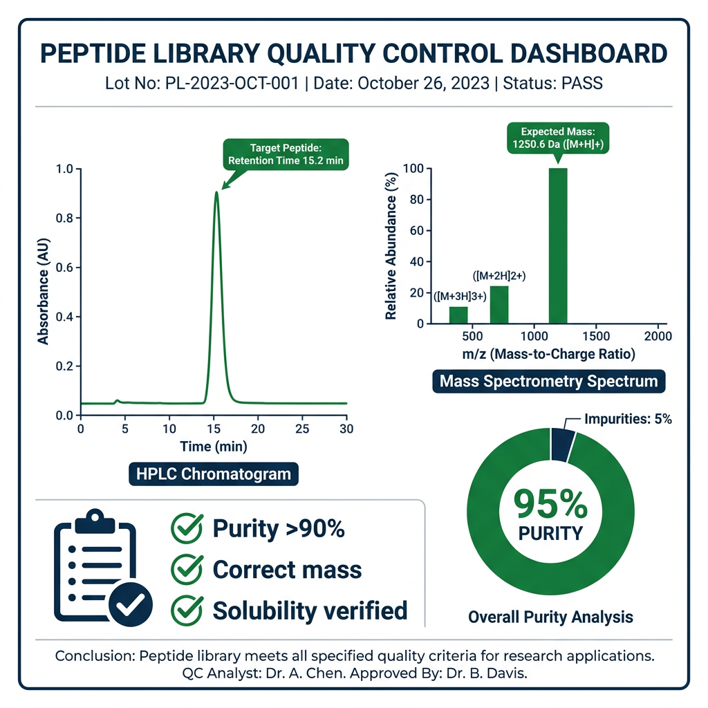 Quality control infographic showing HPLC, mass spectrometry, and purity data for peptide libraries