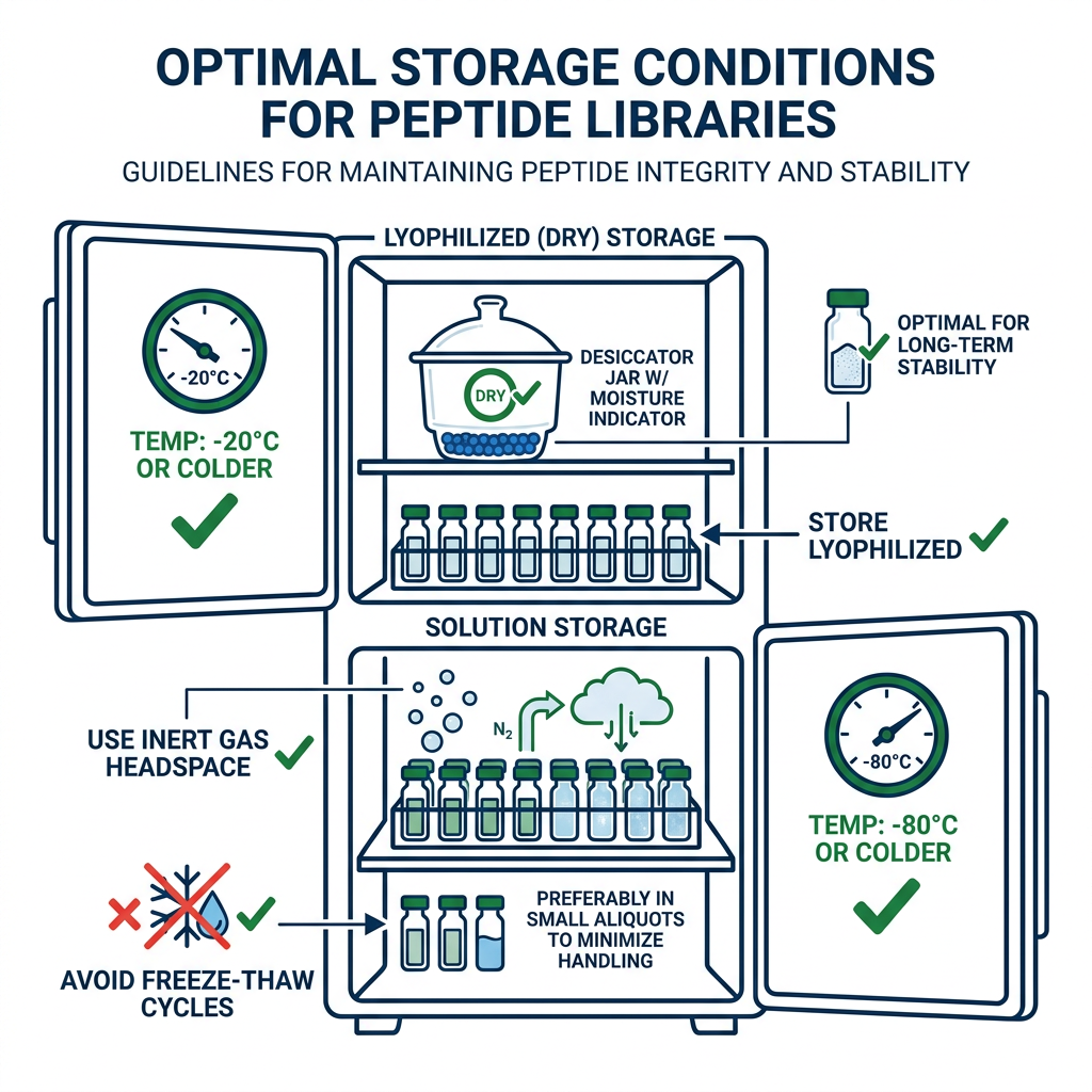 Storage guidelines infographic for peptide libraries showing temperature, desiccation, and aliquot handling
