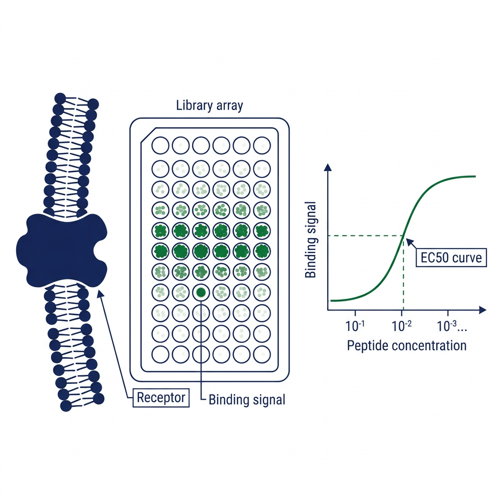 Receptor binding assay diagram showing peptide library screening and dose-response curve