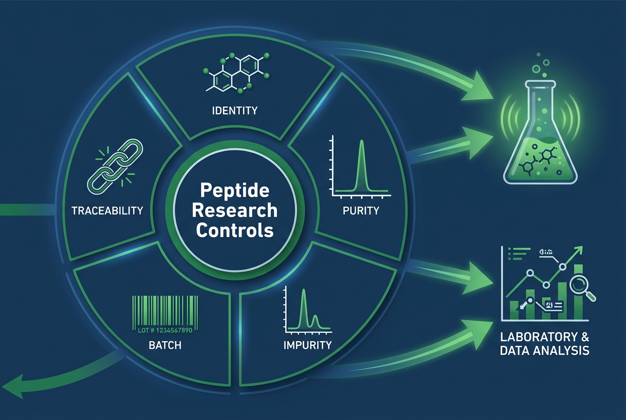 Infographic showing peptide research controls as central to identity, purity, impurity, batch, and traceability verification before assays.