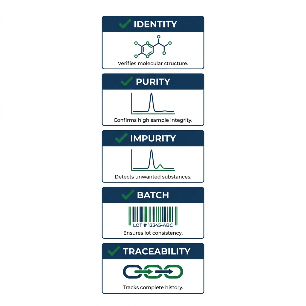 Checklist infographic listing identity, purity, impurity, batch, and traceability as key peptide verification categories.