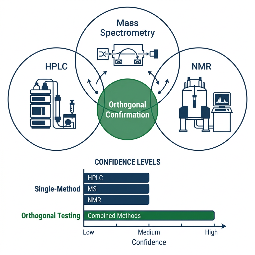 Venn diagram and bar chart comparing HPLC, mass spectrometry, and NMR for orthogonal peptide confirmation.