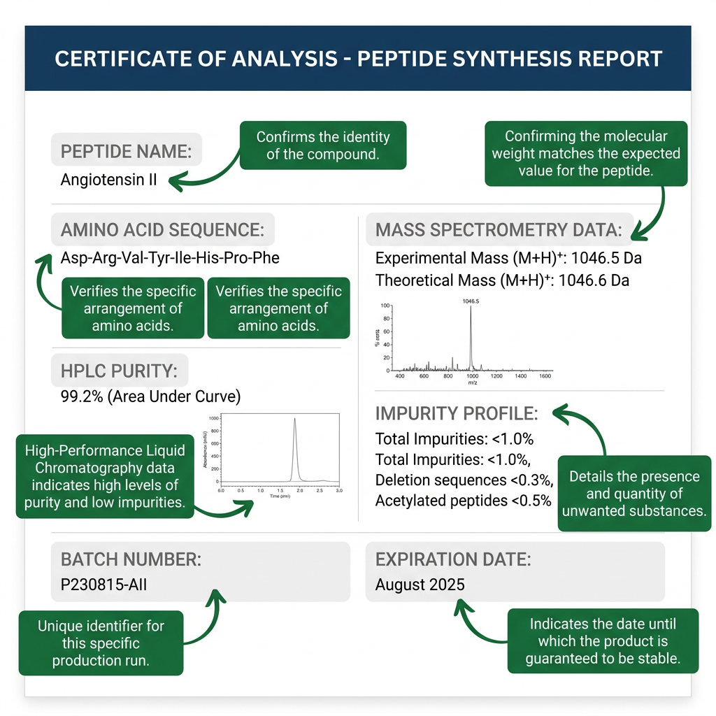 Annotated peptide certificate of analysis highlighting purity, sequence, mass spec, impurities, batch, and expiry.