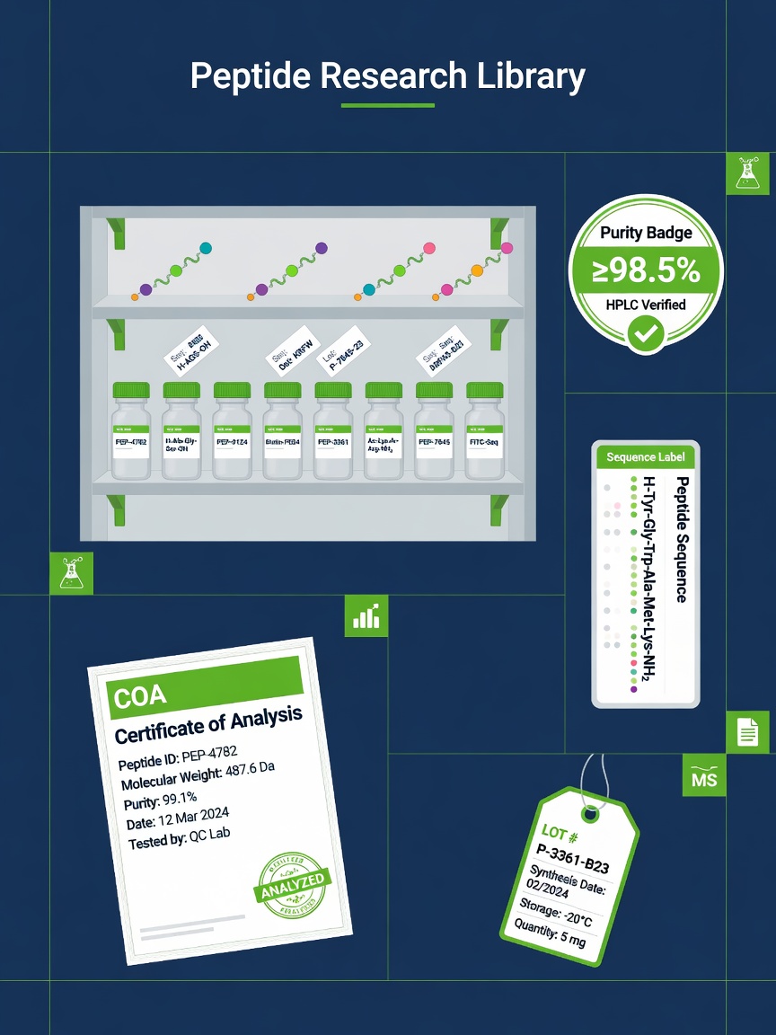 Infographic showing the structure and components of a peptide research library for scientific study.