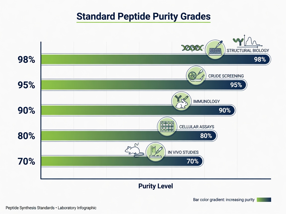 Bar chart comparing standard peptide purity grades from 70 to 98 percent with typical research applications.