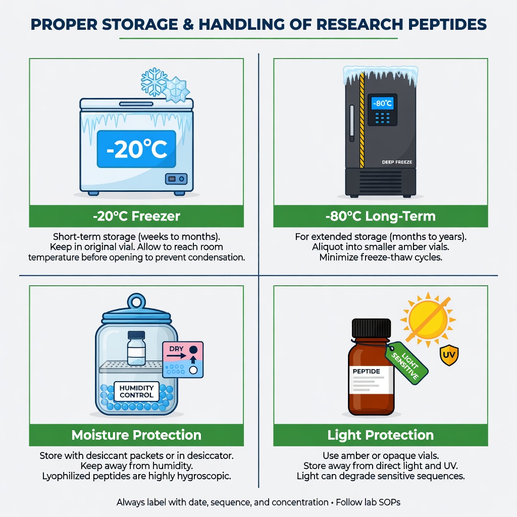 Four-panel infographic showing recommended storage conditions for peptide compounds including temperature and light protection.