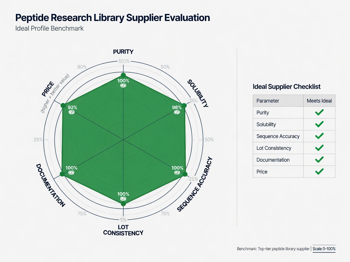 Radar chart and table comparing six key parameters for evaluating a peptide research library supplier.