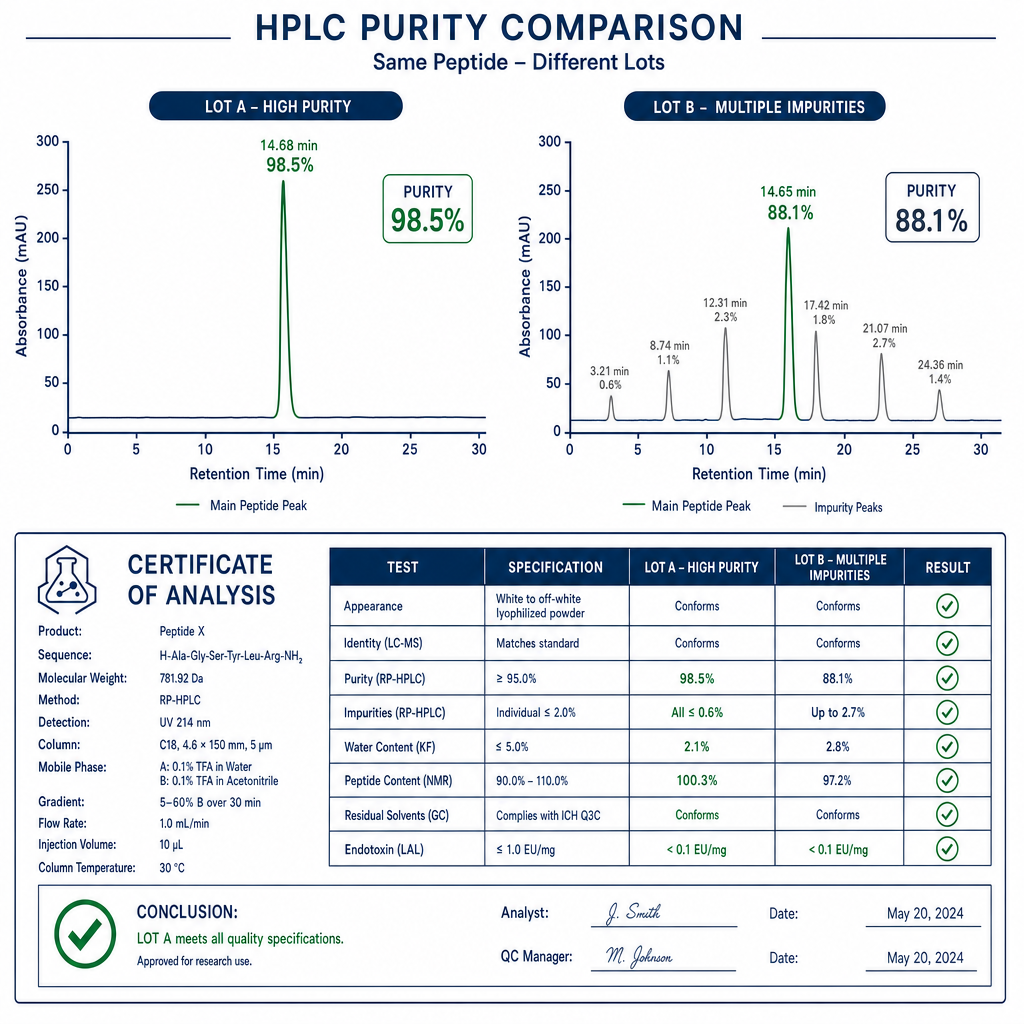 Chromatogram comparison chart showing pure versus impure peptide lots with certificate of analysis documentation illustration