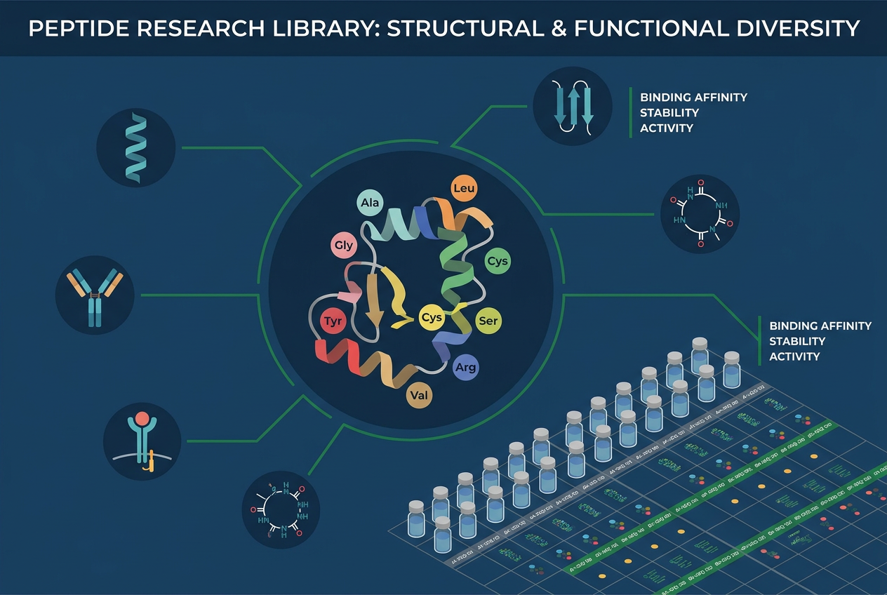 Infographic showing peptide research library structure and molecular diagram