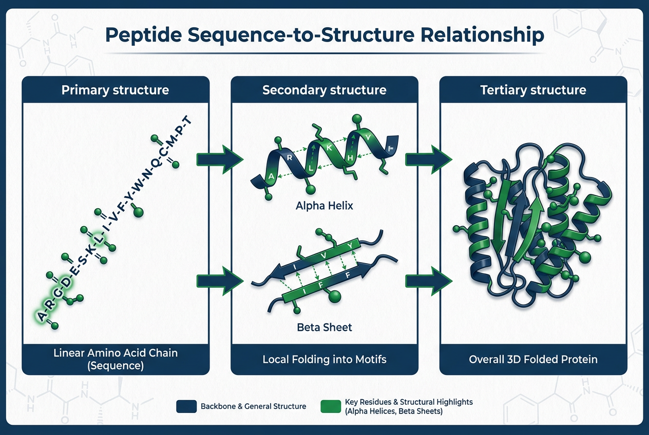 Infographic showing peptide sequence folding into structure. Peptides Explained: How Sequence Drives Function in Cells.