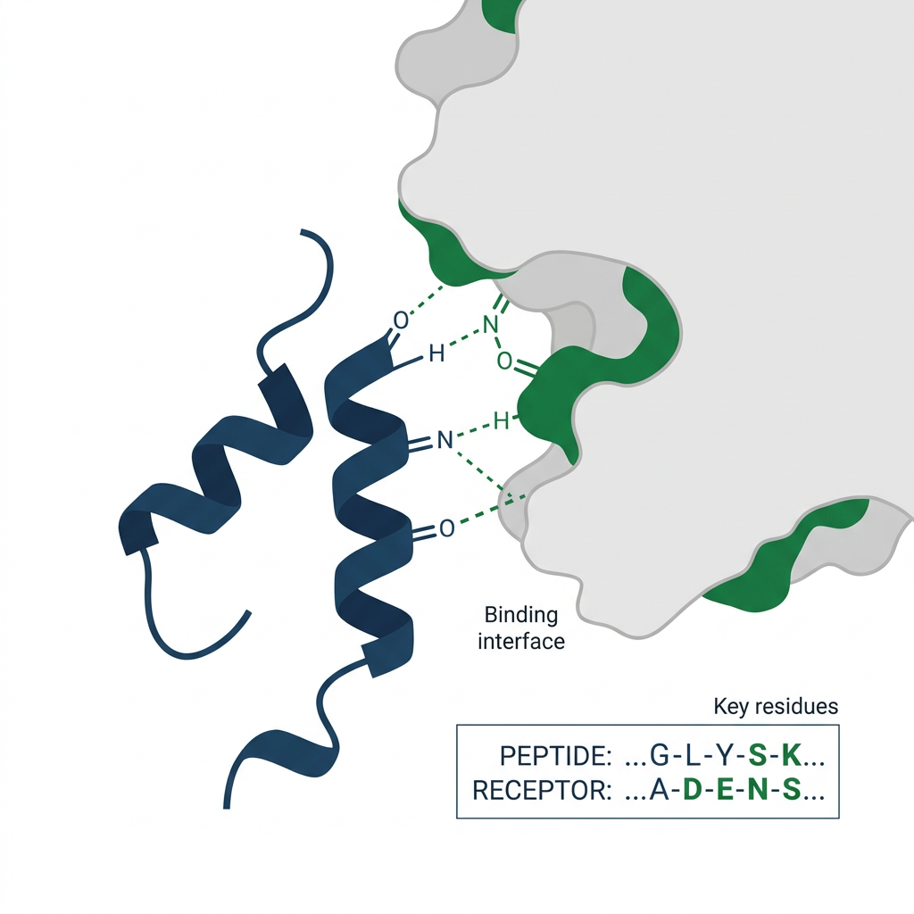 Diagram of peptide binding to receptor showing complementary shapes and key residues.