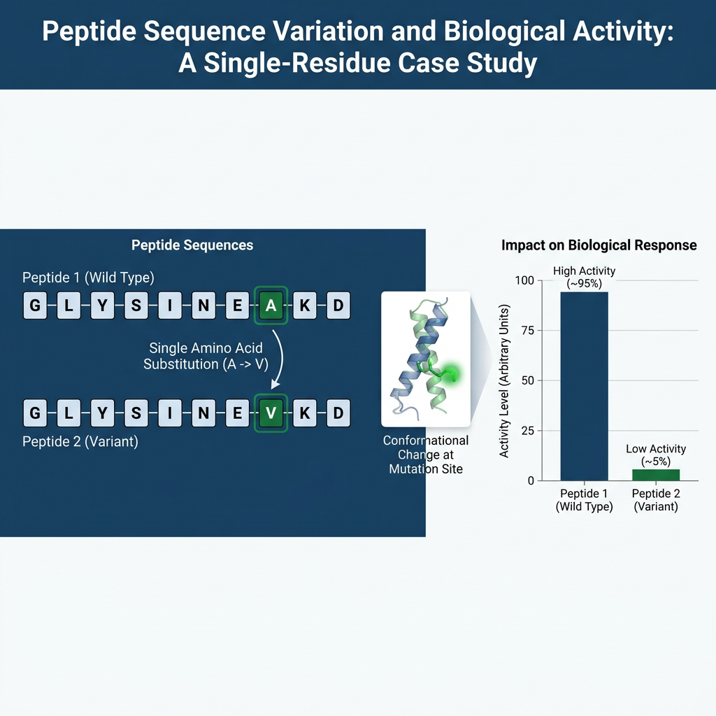 Comparison of peptide sequences with single mutation and activity difference chart.