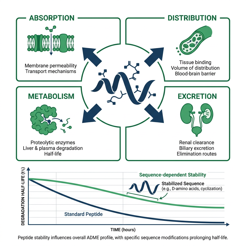 Infographic showing peptide stability and ADME properties with charts and icons.