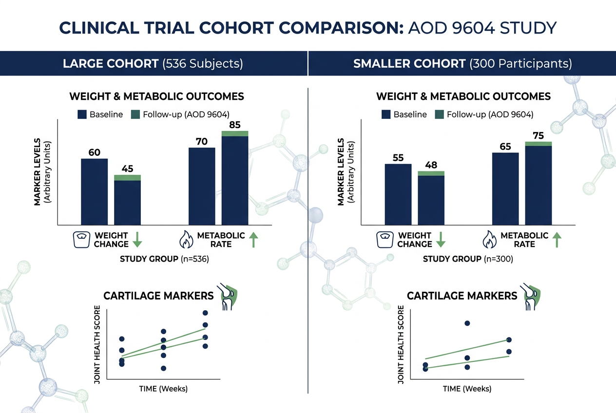 Infographic comparing 536-subject and 300-participant trial outcomes for peptides library aod 9604 research data.
