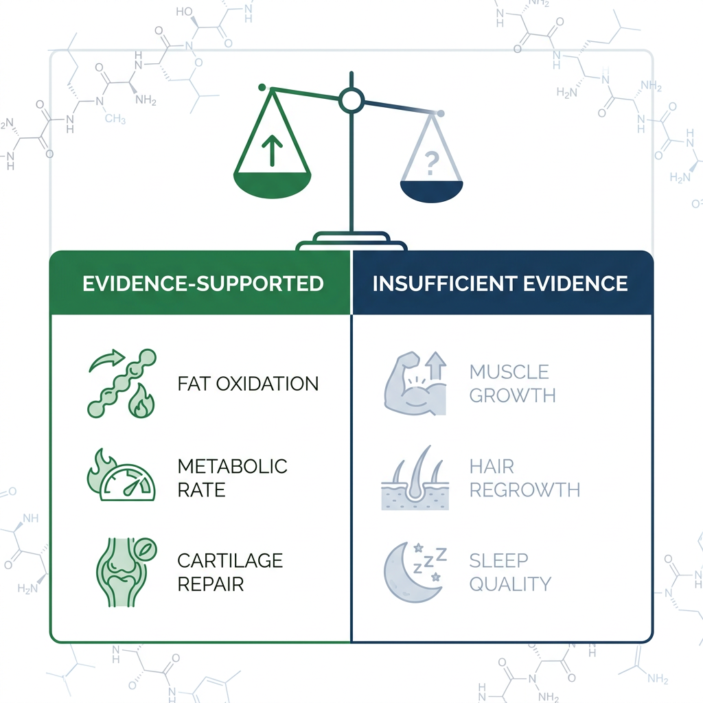 Diagram showing supported versus unsupported AOD 9604 benefits with green and navy color coding.