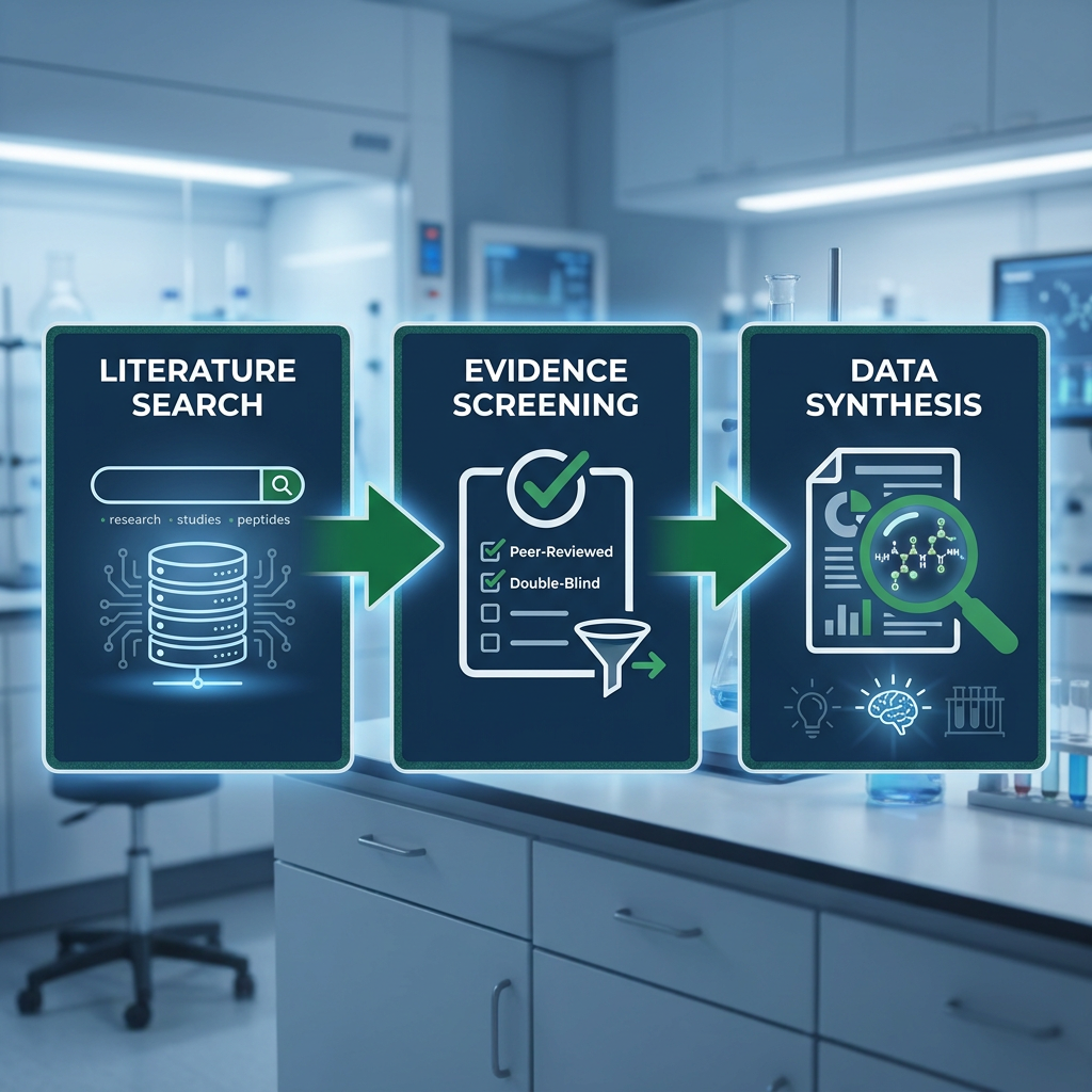 Flowchart showing three-step evidence review process for AOD 9604 research tools.