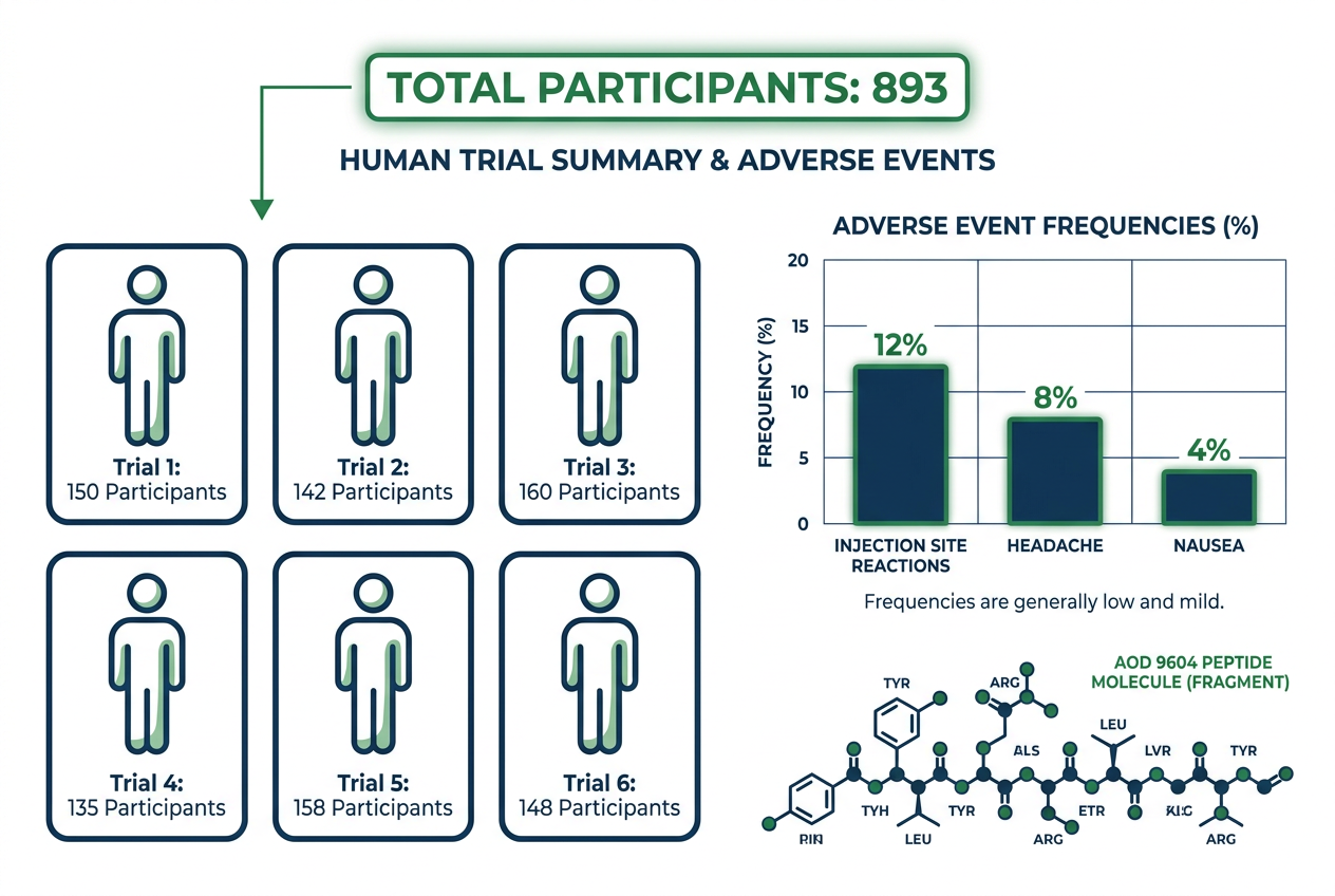 Infographic of six human trials and adverse event bar chart for AOD 9604 side effects research guide