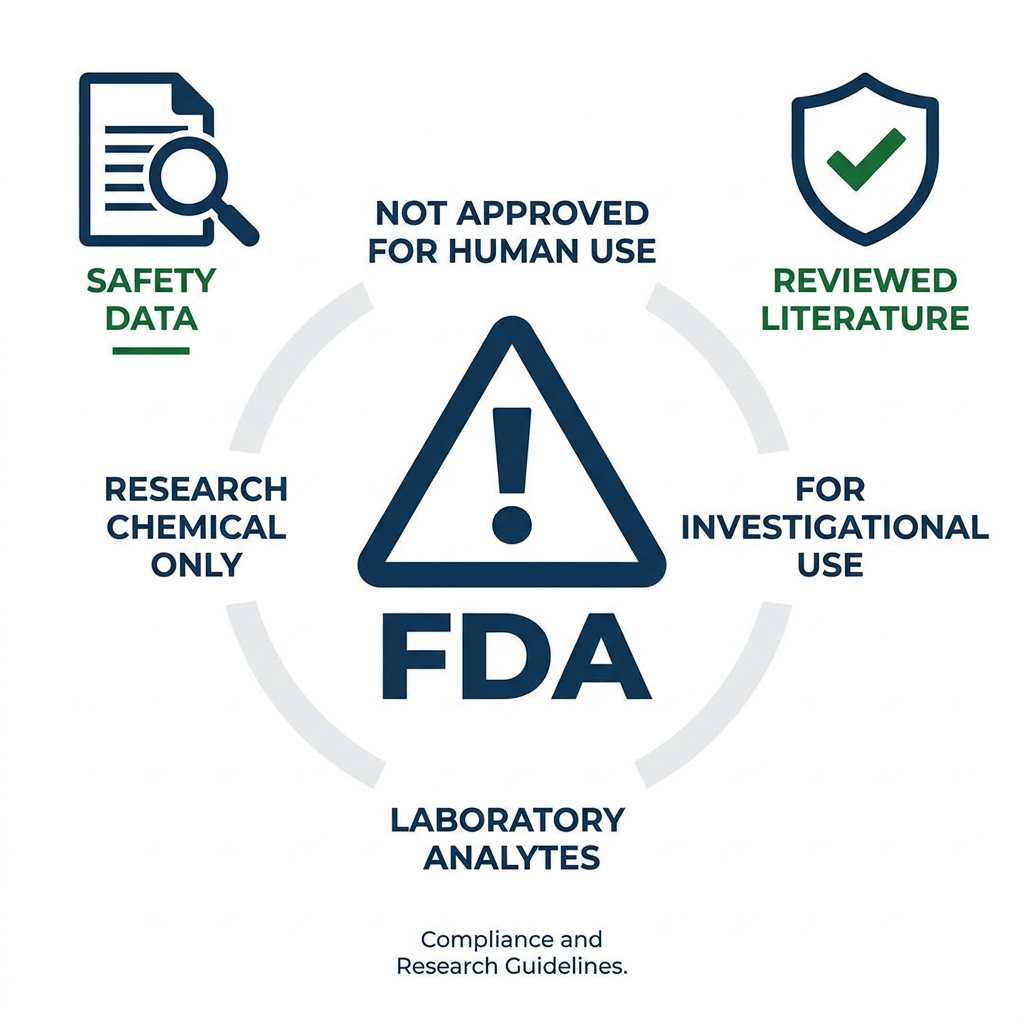 FDA safety language infographic with caution symbol and regulatory text for peptide research