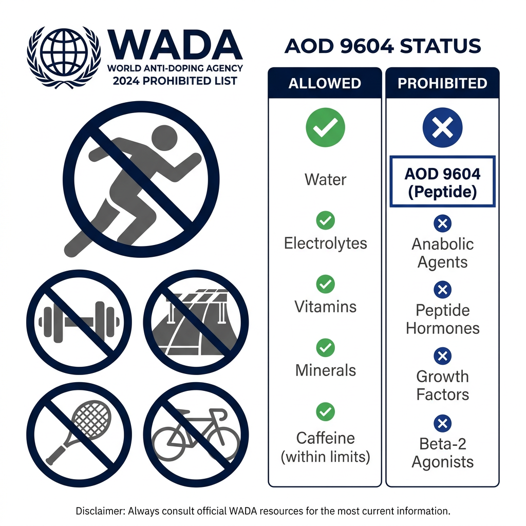 WADA 2024 prohibited list infographic showing AOD 9604 status with sports icons