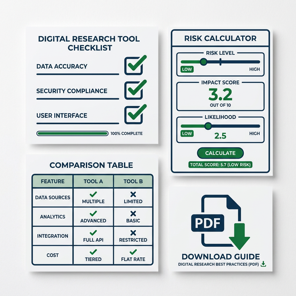 Digital tools infographic for peptide side effects research including checklist and calculator