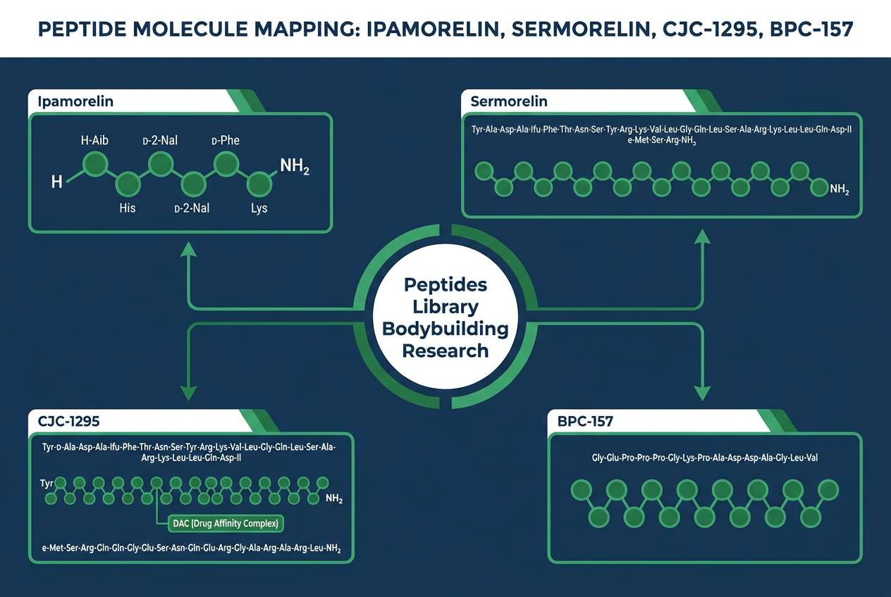 Infographic mapping ipamorelin, sermorelin, CJC-1295, BPC-157 structures for peptides library bodybuilding research.