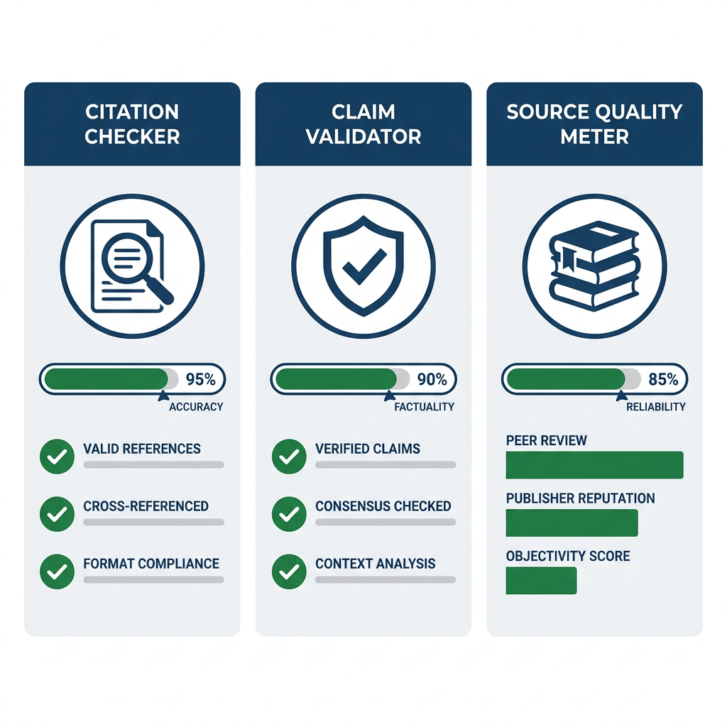 Comparison dashboard showing citation checker, claim validator, and source quality meter for peptide evidence.
