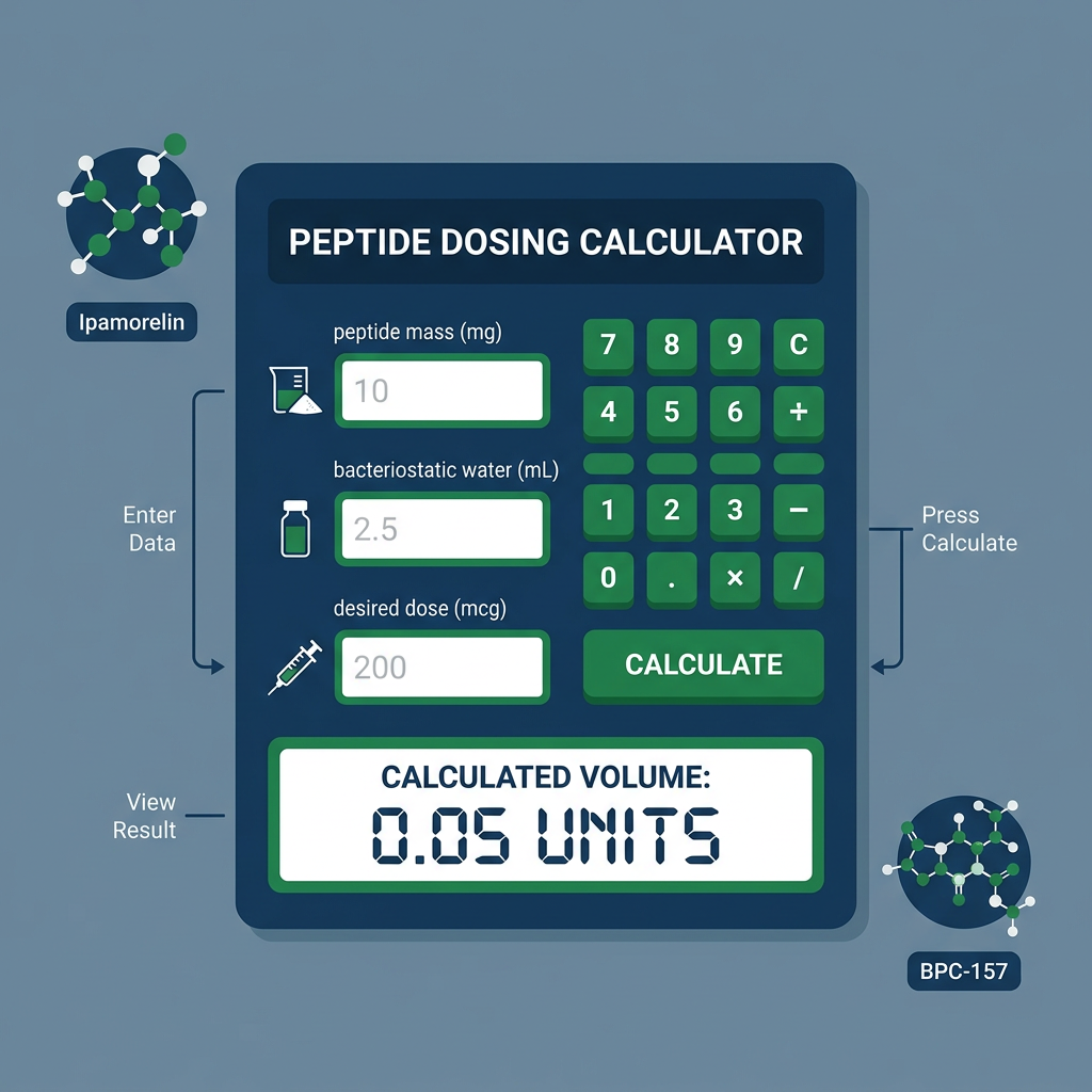 Free peptide dosing calculator infographic with input fields and molecular icons for research use.