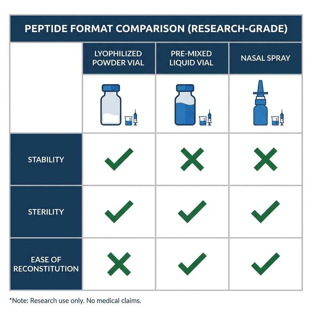 Comparison table of lyophilized powder, liquid vial, and nasal spray peptide formats for study design.