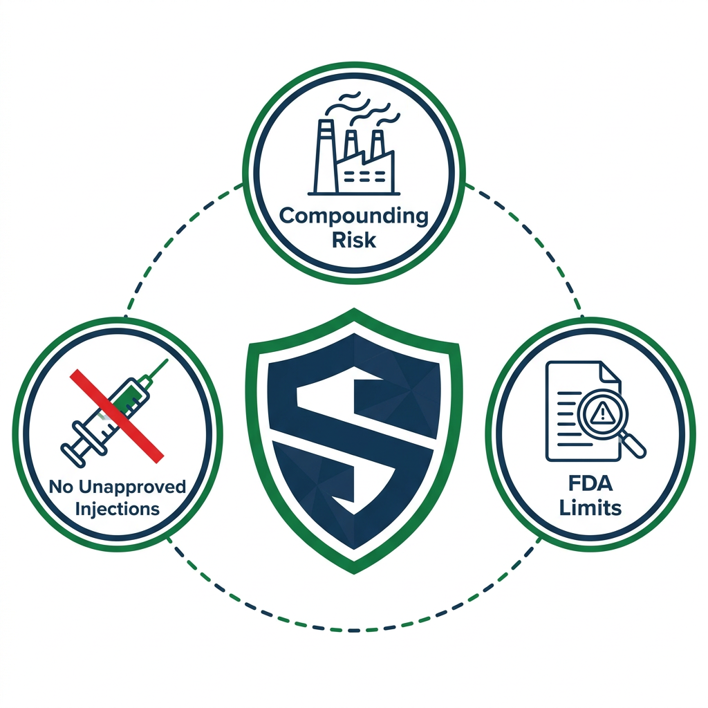 Safety infographic showing FDA warning icons for CJC-1295 and compounded peptides.