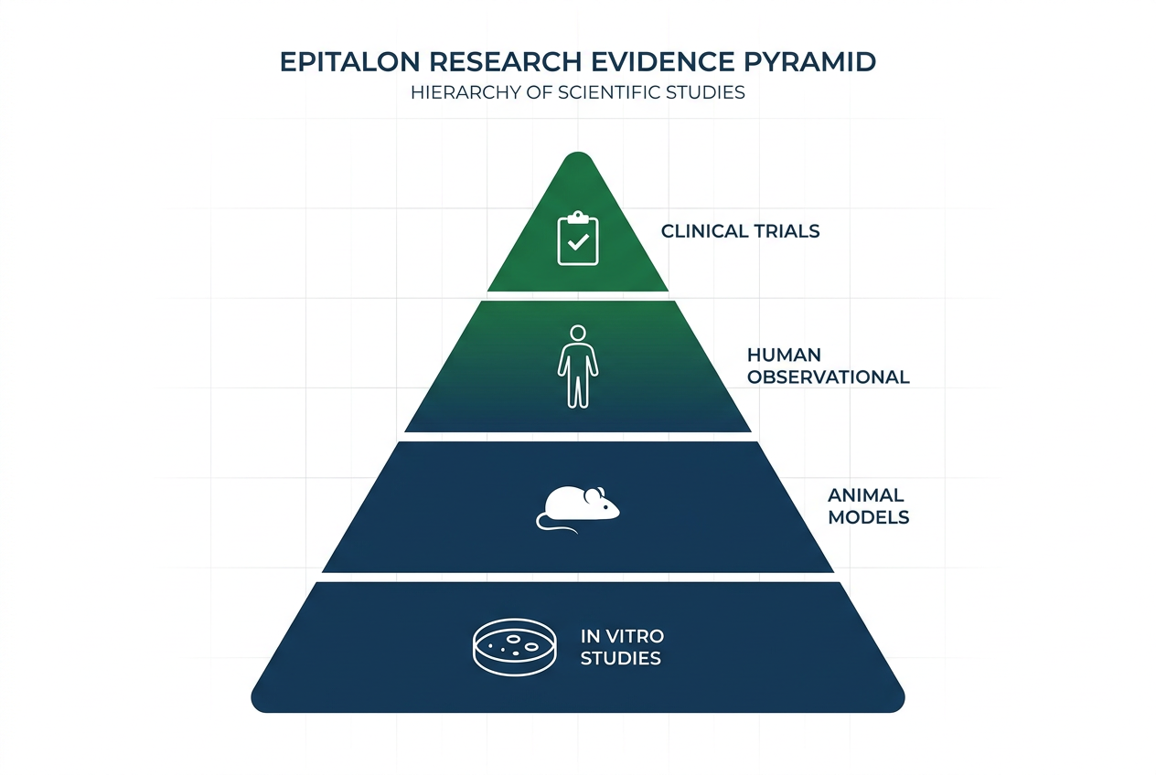 Evidence strength pyramid organized by peptides library epitalon hub showing preclinical to clinical tiers