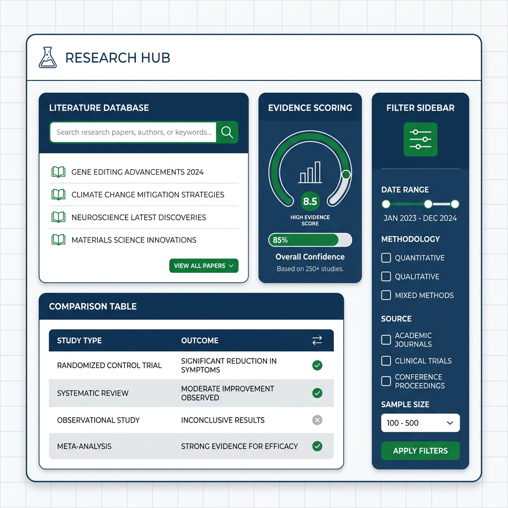 Dashboard layout of peptides library epitalon research hub with literature and evidence modules