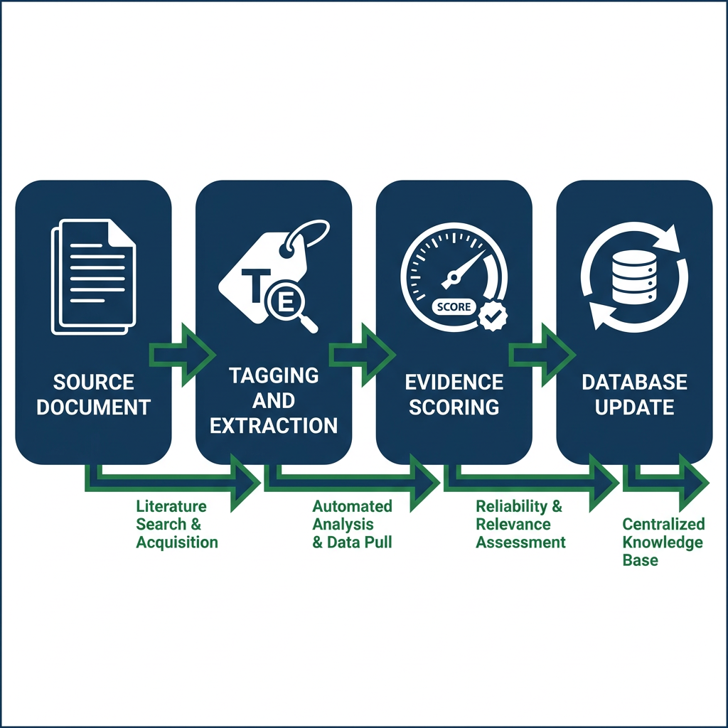 Flowchart showing literature tracking process in peptides library epitalon hub from source to scored evidence