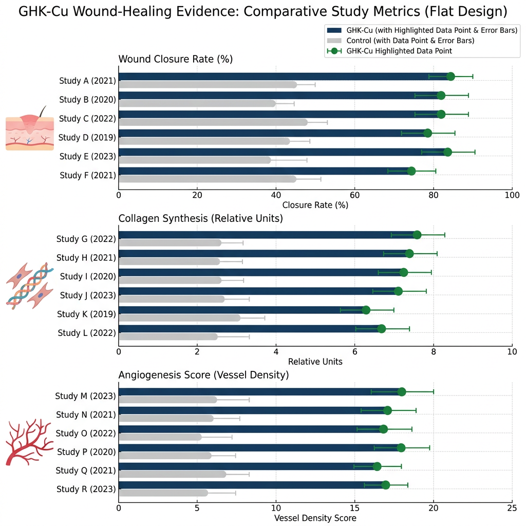 Bar chart comparing GHK-Cu wound healing metrics like collagen and closure rate from preclinical studies