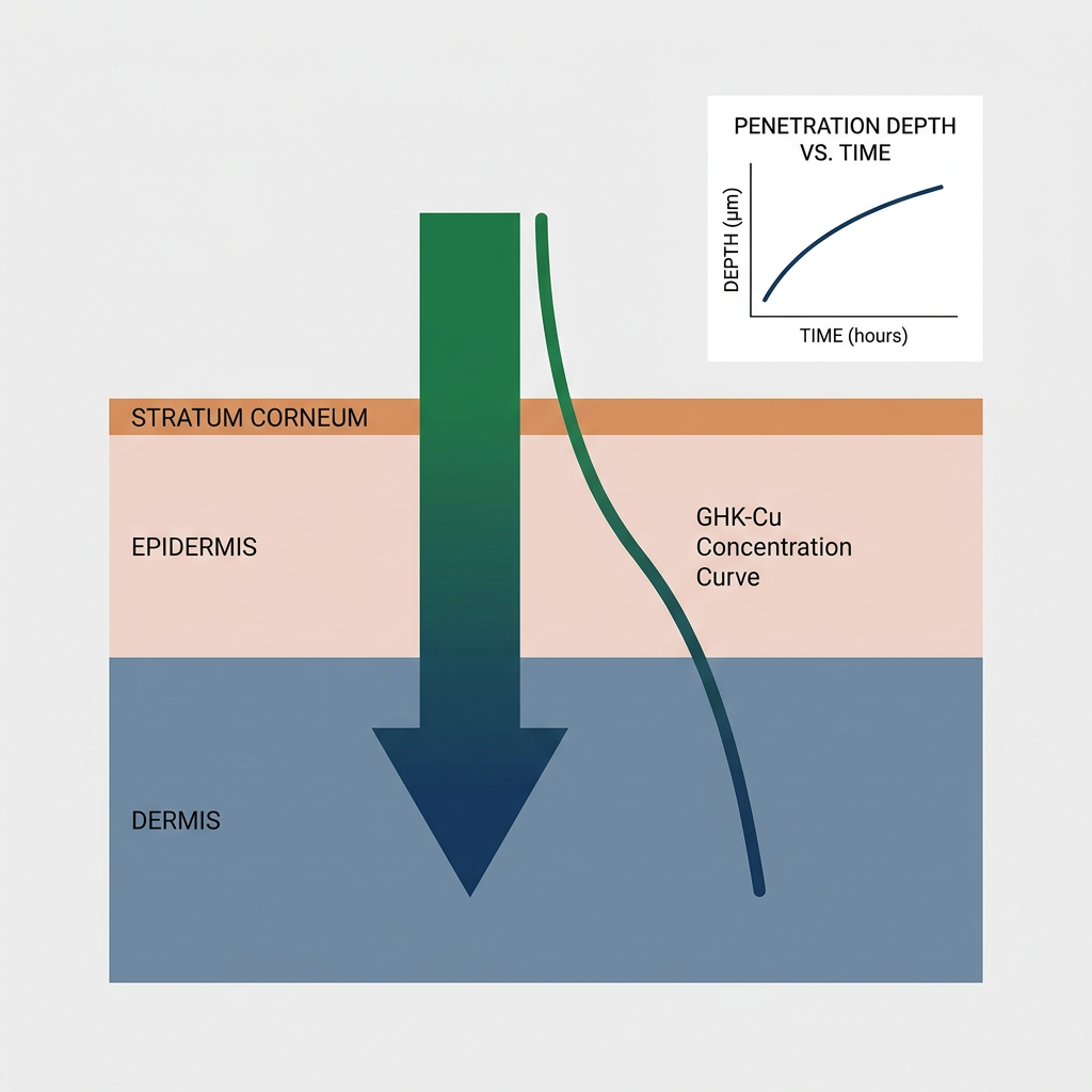 Skin cross-section diagram showing GHK-Cu penetration depth across stratum corneum, epidermis, and dermis