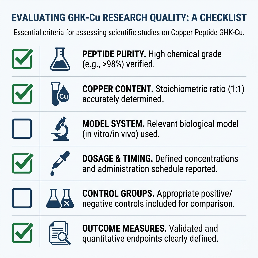 Checklist infographic with criteria for evaluating GHK-Cu research quality, checkboxes and icons
