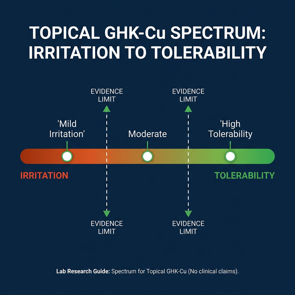 Diagram showing GHK-Cu topical irritation to tolerability spectrum with evidence limits in research guide.