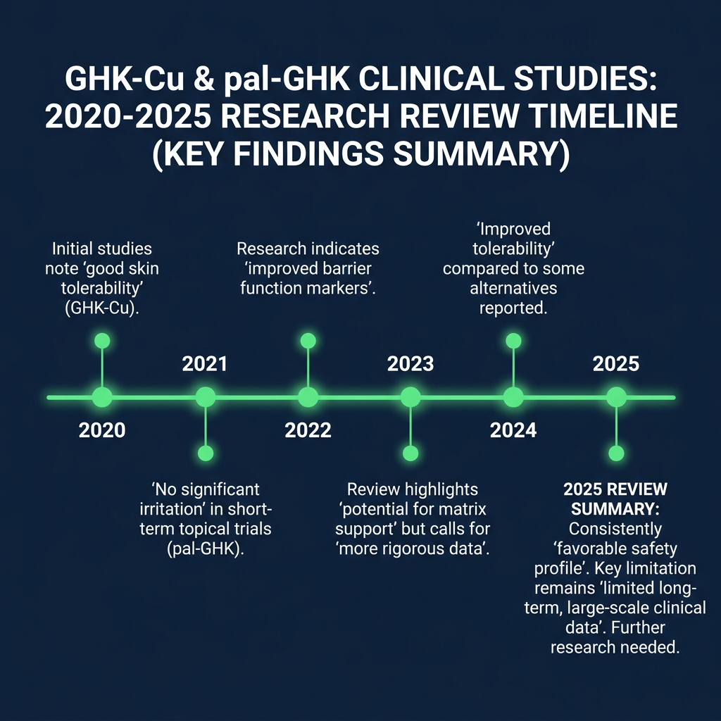 Timeline infographic of 2025 review findings on GHK-Cu and pal-GHK clinical studies from research guide.