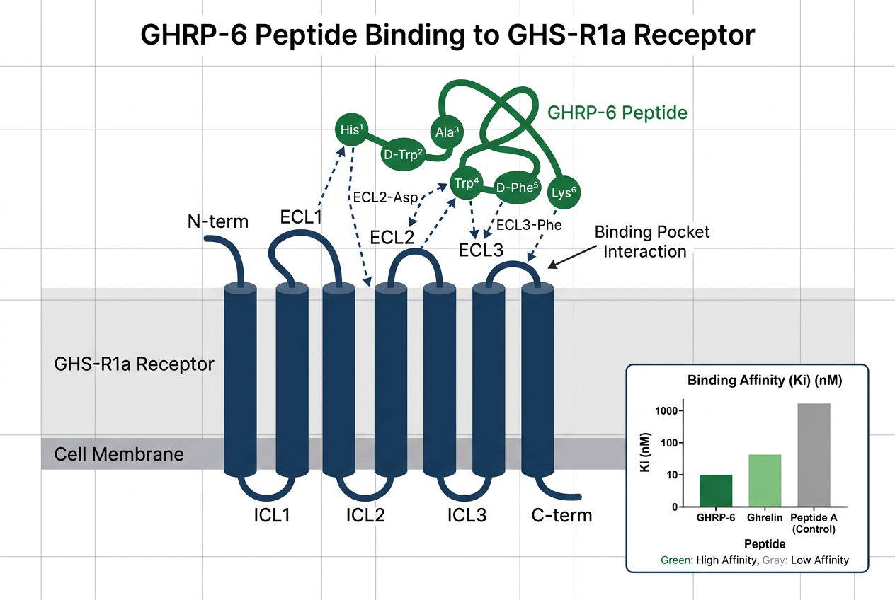 Infographic from peptides library illustrating GHRP-6 receptor binding mechanism with labeled molecular diagram.