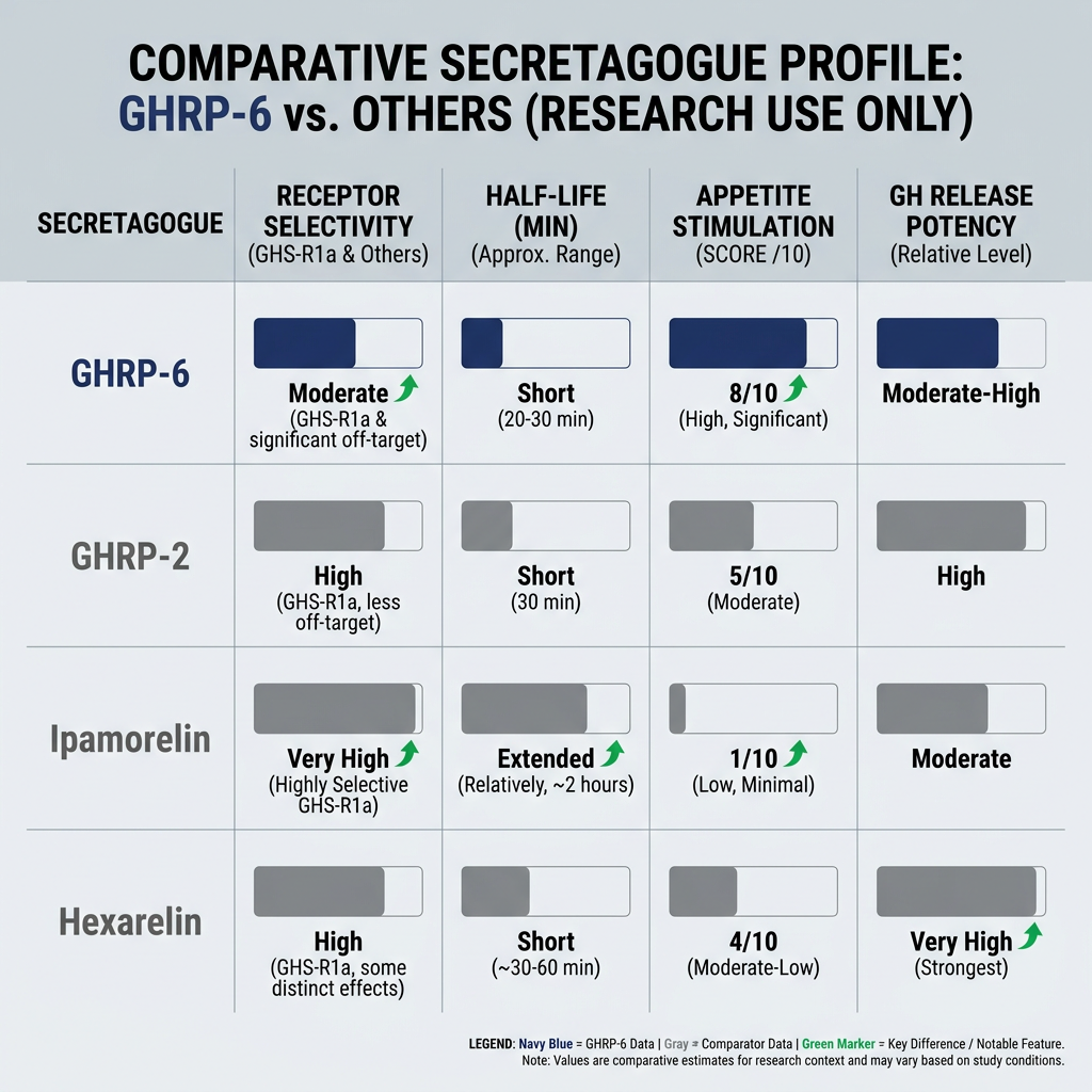 Comparison chart of GHRP-6 versus other growth hormone secretagogues in research settings.