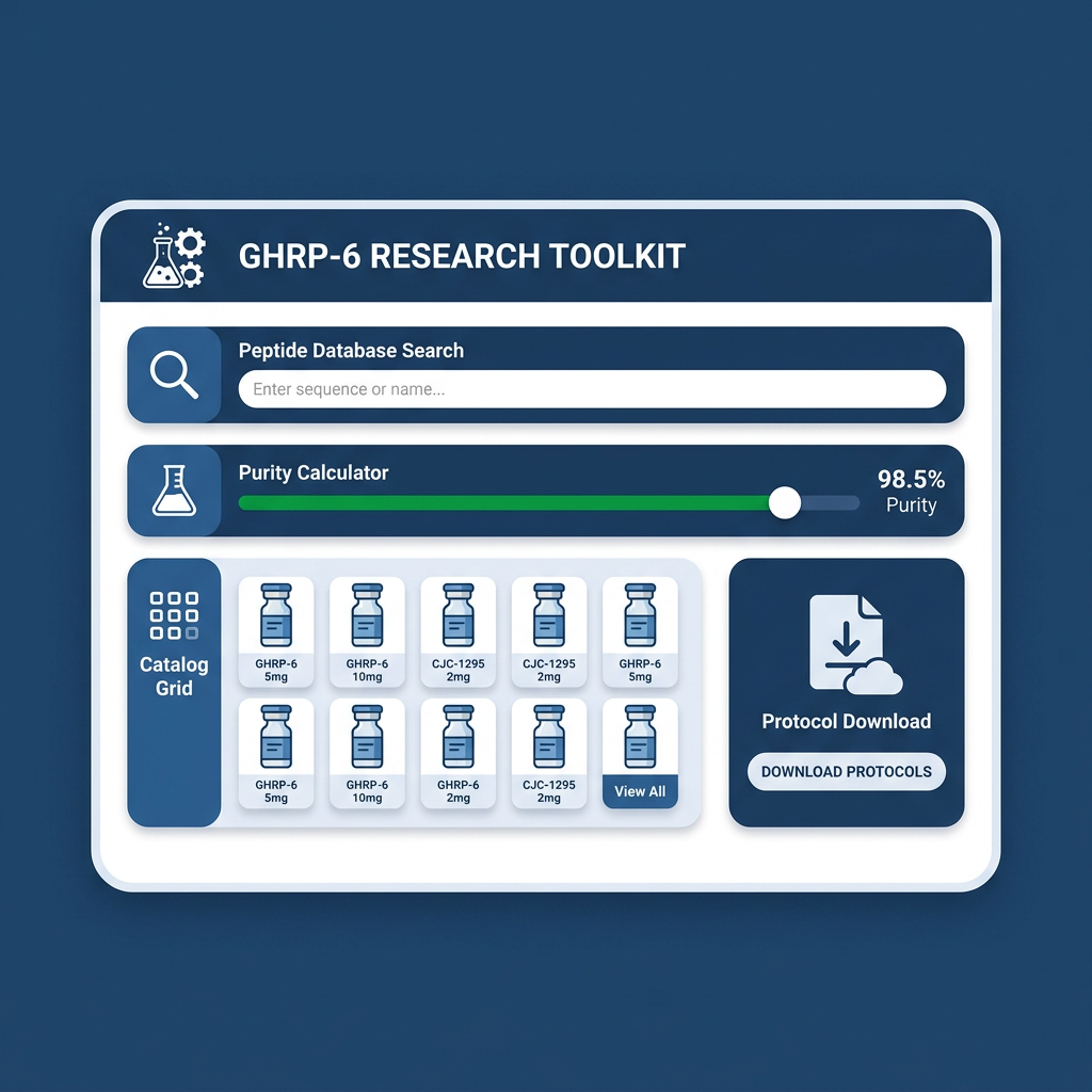 Digital tools dashboard for GHRP-6 research offered by peptides library platform.