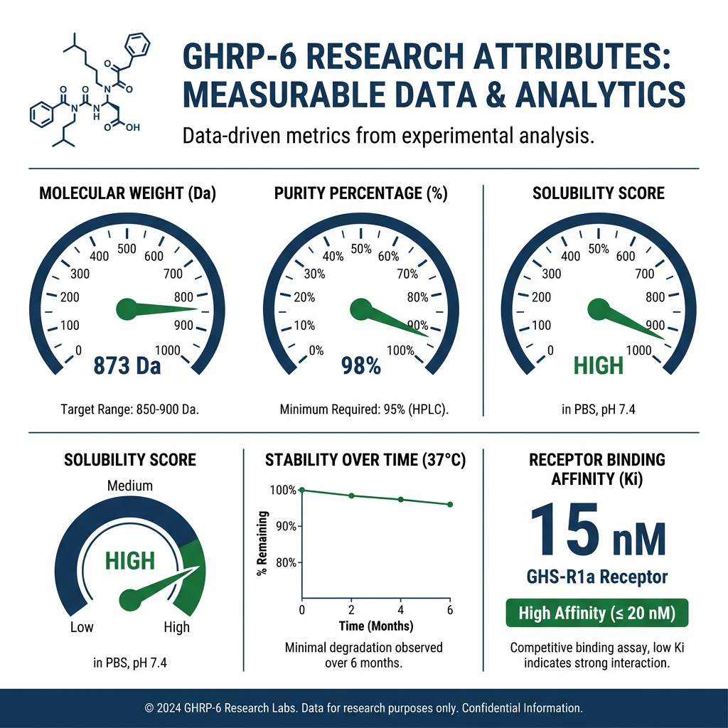 Measurable attributes dashboard for GHRP-6 research data including purity and affinity.