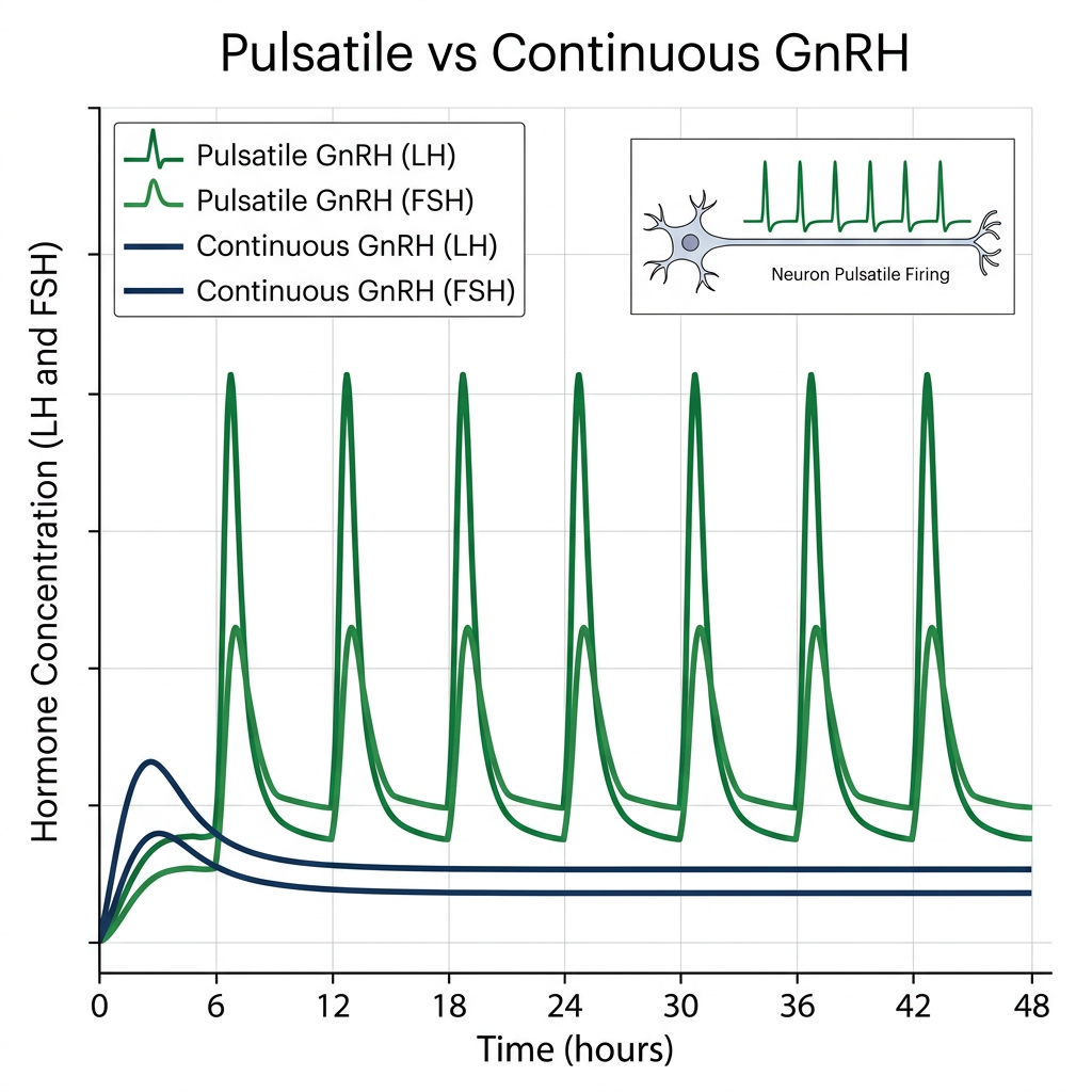 Pulsatile versus continuous GnRH signaling graph with LH and FSH response curves